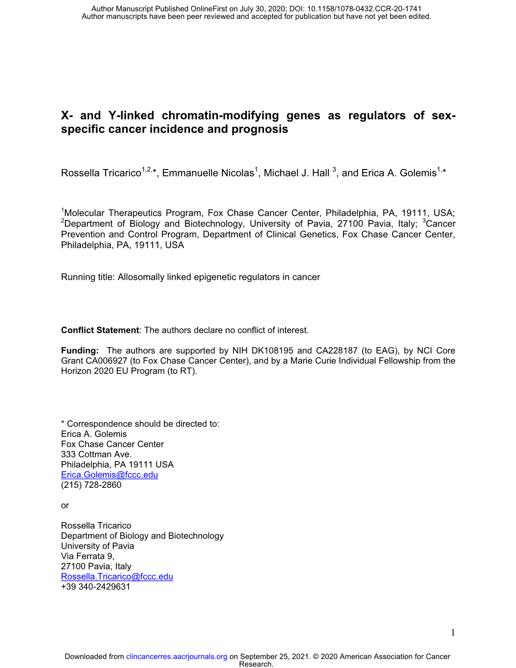 X- and Y-Linked Chromatin-Modifying Genes As Regulators of Sex-Specific Cancer Incidence and Prognosis