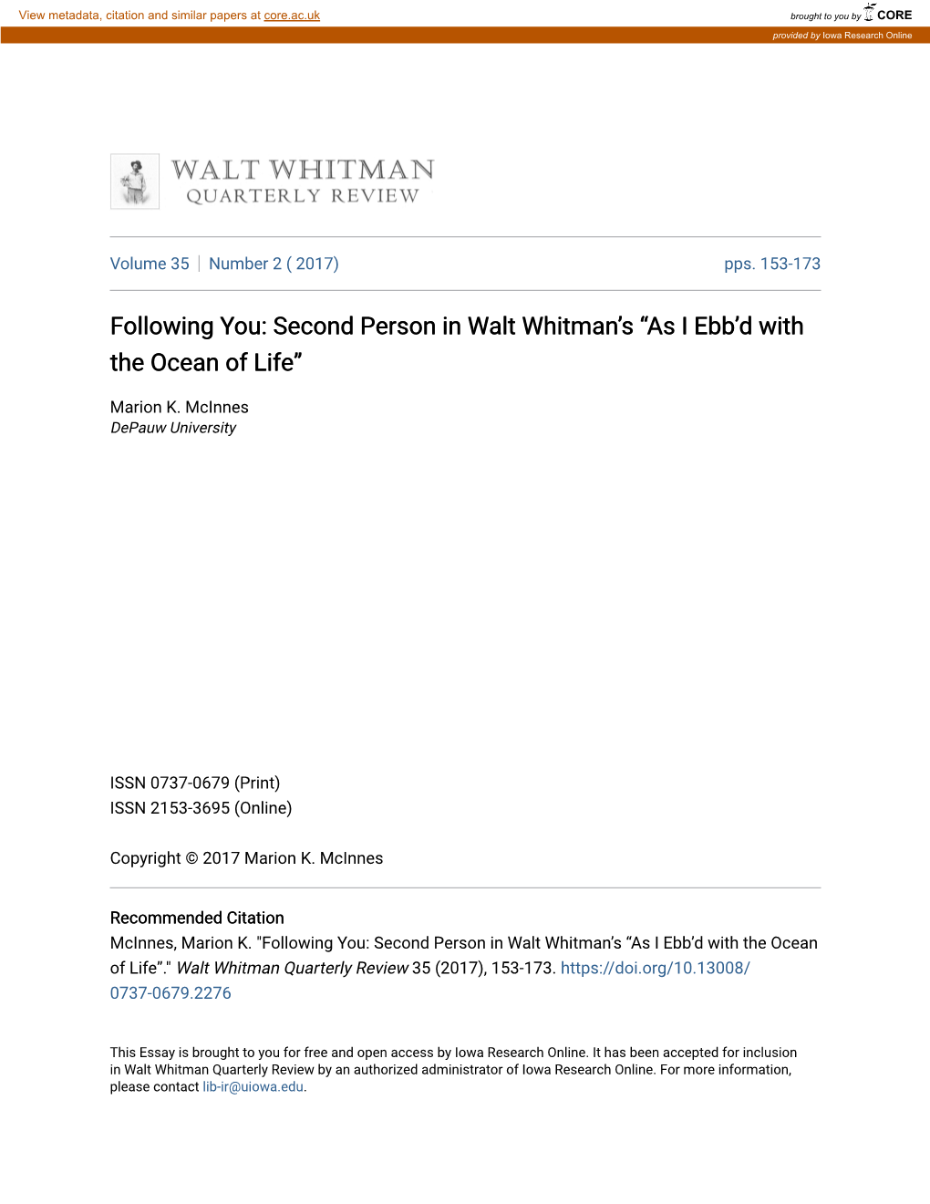 Second Person in Walt Whitmanâ•Žs Â•Œas I Ebbâ•Žd with the Ocean Of