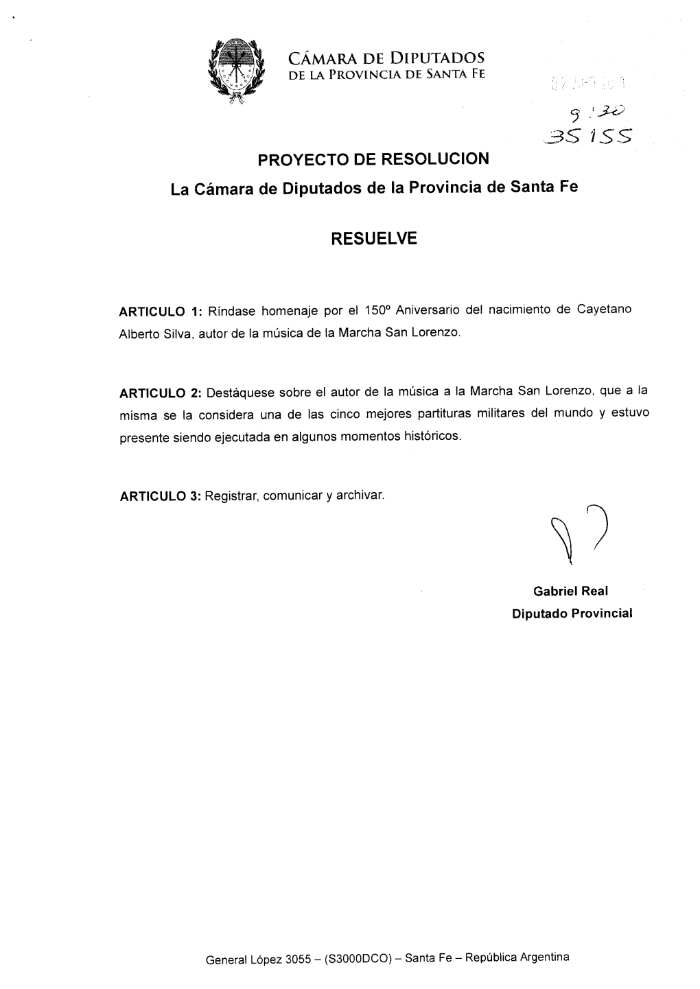 3S 1 $S PROYECTO DE RESOLUCION La Camara De Diputados De La Provincia De Santa Fe