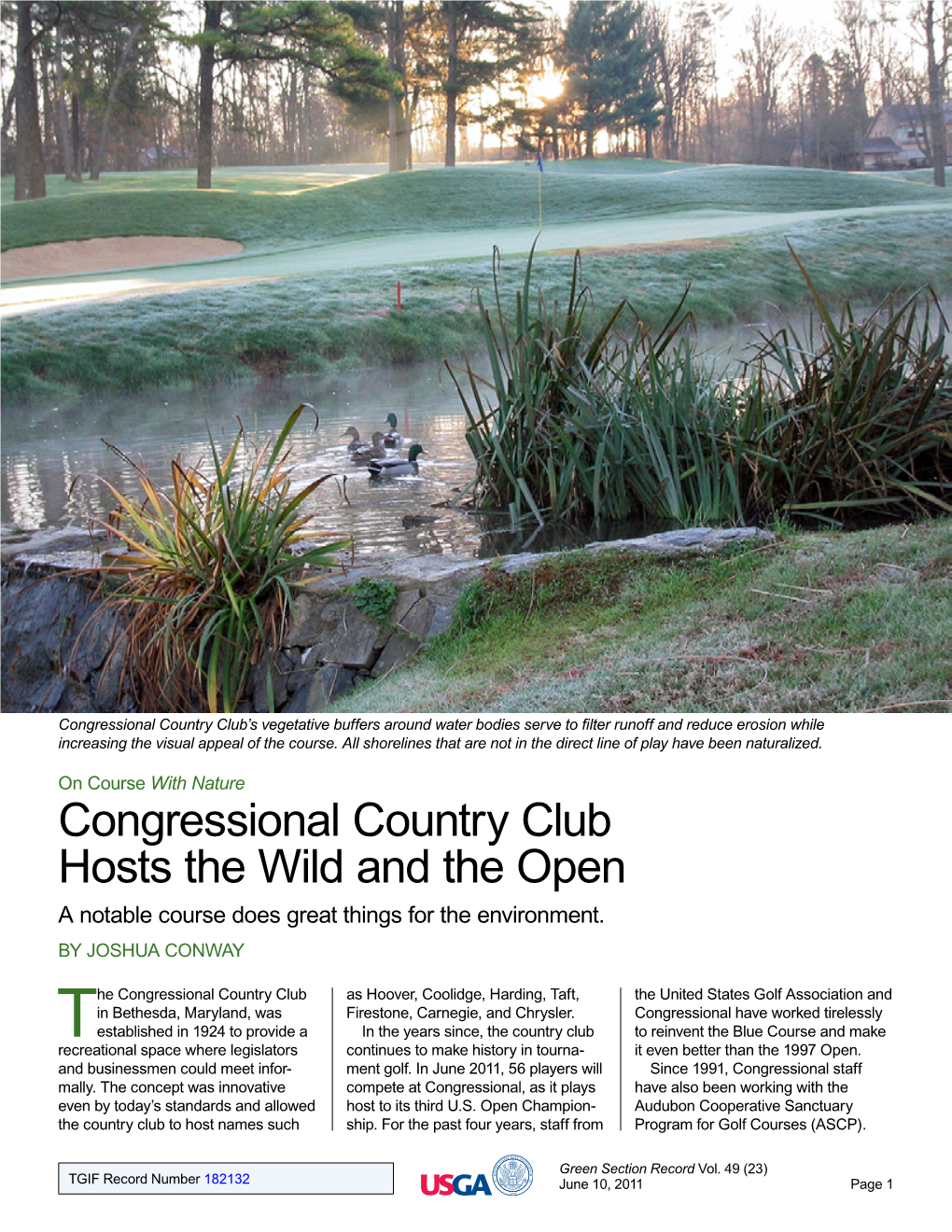 Congressional Country Club Hosts the Wild and the Open a Notable Course Does Great Things for the Environment