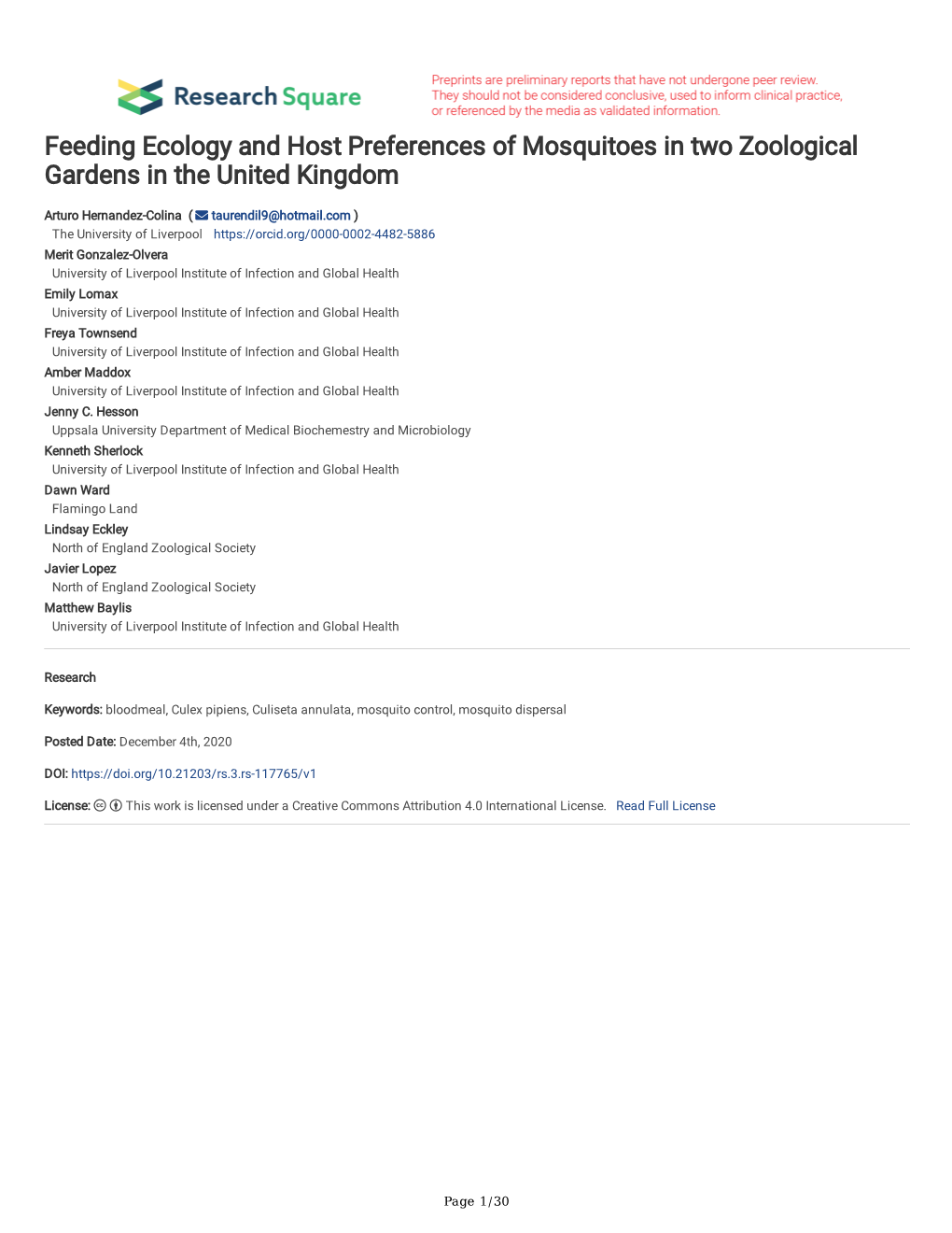 Feeding Ecology and Host Preferences of Mosquitoes in Two Zoological Gardens in the United Kingdom