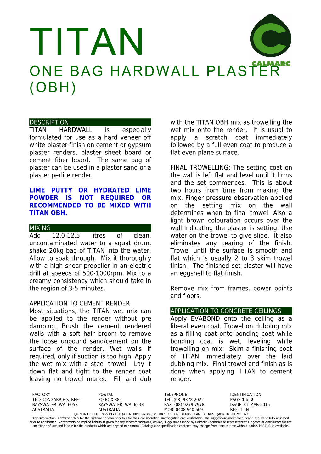 One Bag Hardwall Plaster (Obh)