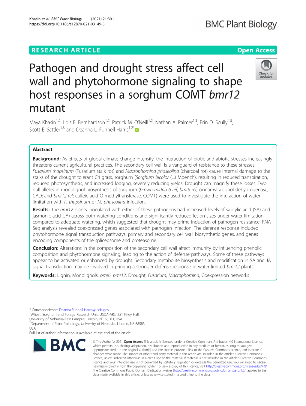 Pathogen and Drought Stress Affect Cell Wall and Phytohormone Signaling to Shape Host Responses in a Sorghum COMT Bmr12 Mutant Maya Khasin1,2, Lois F