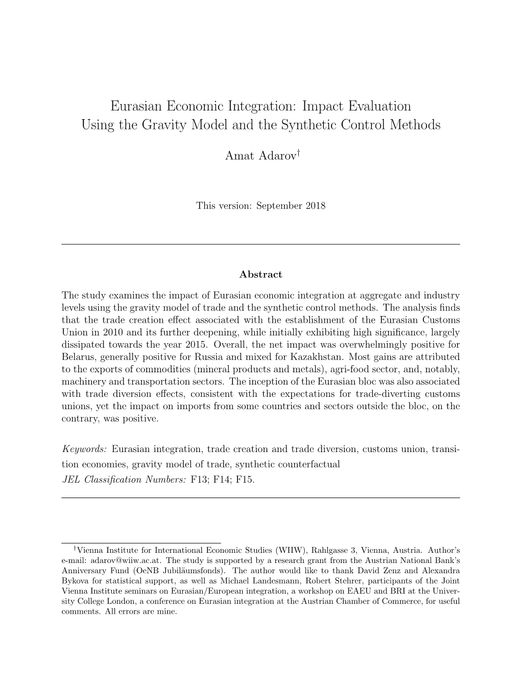 Eurasian Economic Integration: Impact Evaluation Using the Gravity Model and the Synthetic Control Methods