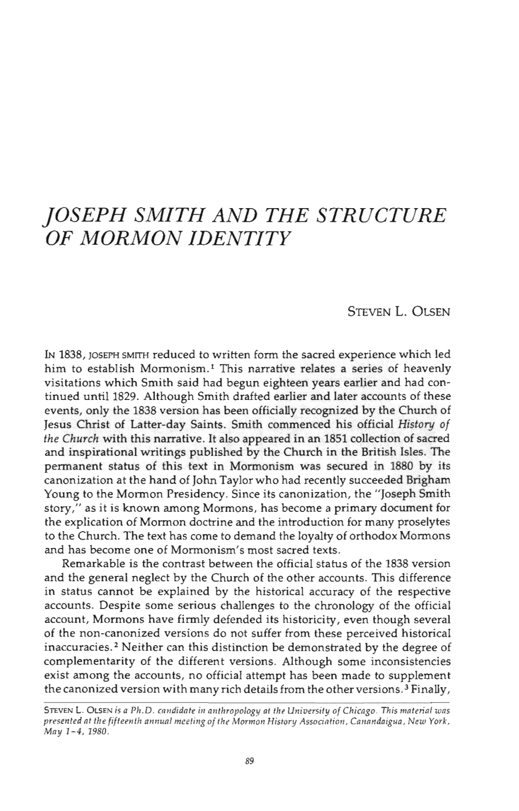 Joseph Smith and the Structure of Mormon Identity