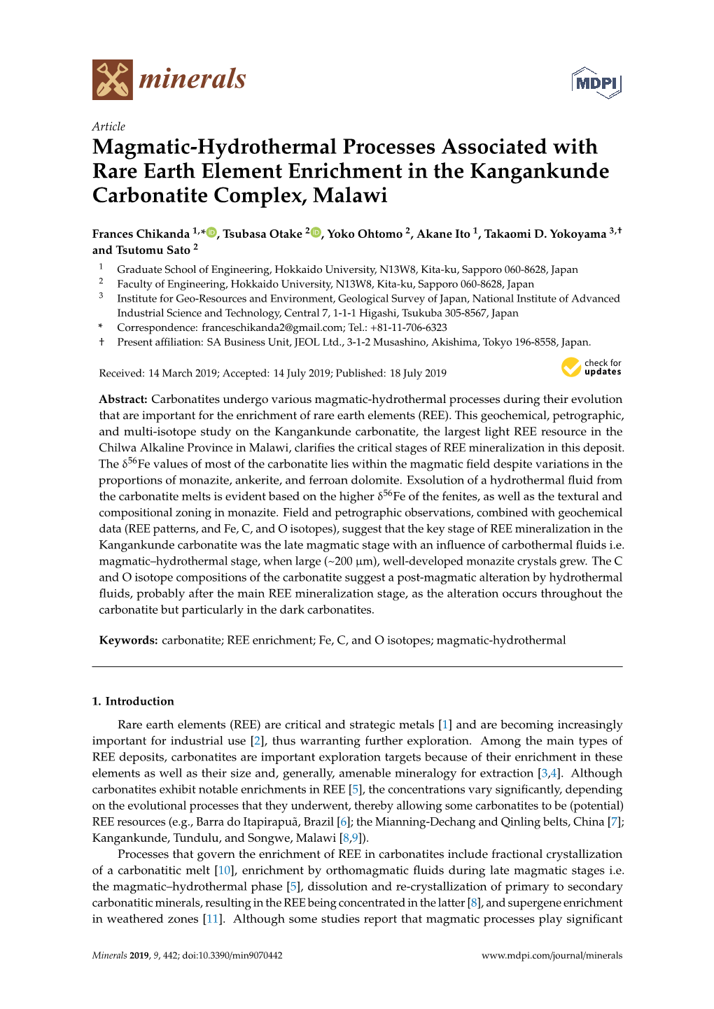 Magmatic-Hydrothermal Processes Associated with Rare Earth Element Enrichment in the Kangankunde Carbonatite Complex, Malawi