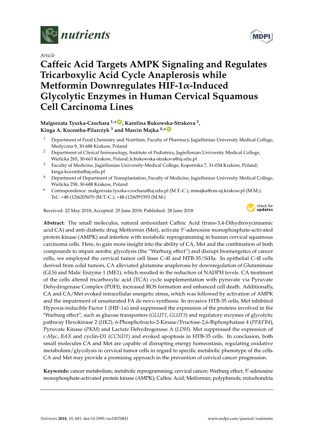 Caffeic Acid Targets AMPK Signaling and Regulates Tricarboxylic