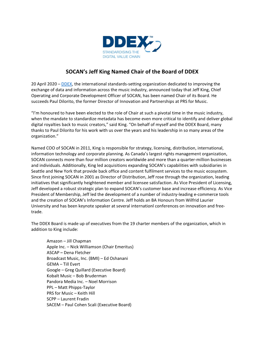 SOCAN's Jeff King Named Chair of the Board of DDEX