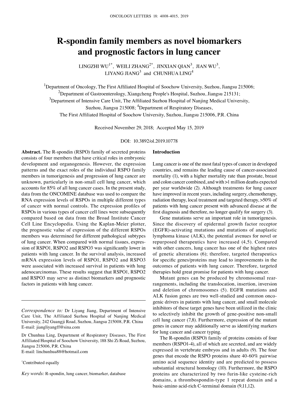 R‑Spondin Family Members As Novel Biomarkers and Prognostic Factors in Lung Cancer