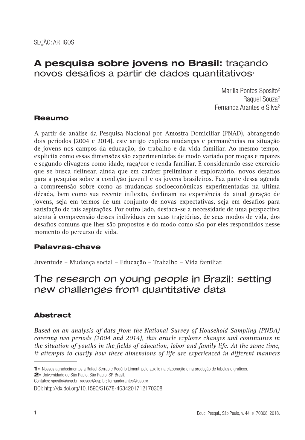 The Research on Young People in Brazil: Setting New Challenges from Quantitative Data