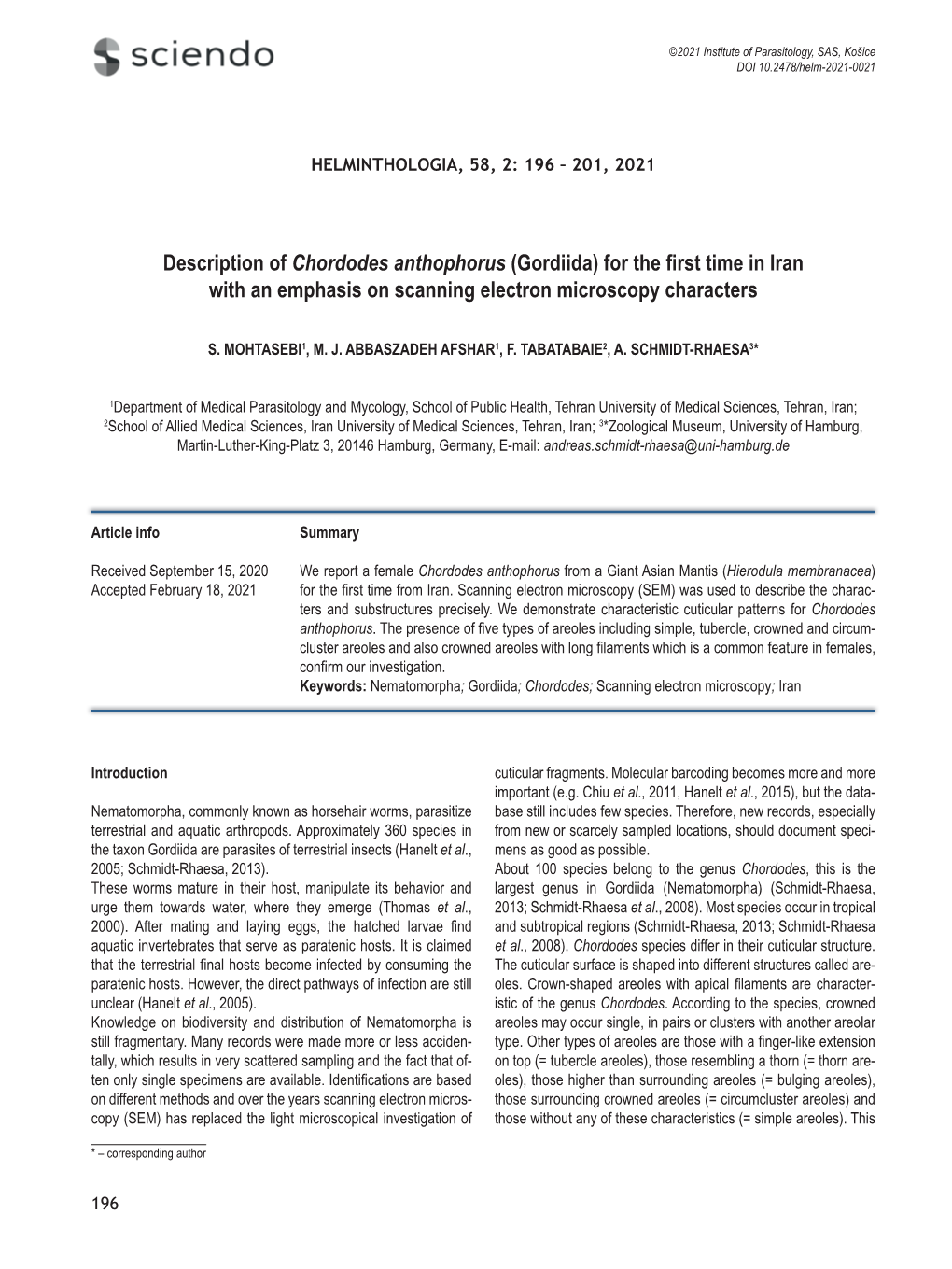 Description of Chordodes Anthophorus (Gordiida) for the First Time in Iran with an Emphasis on Scanning Electron Microscopy Char