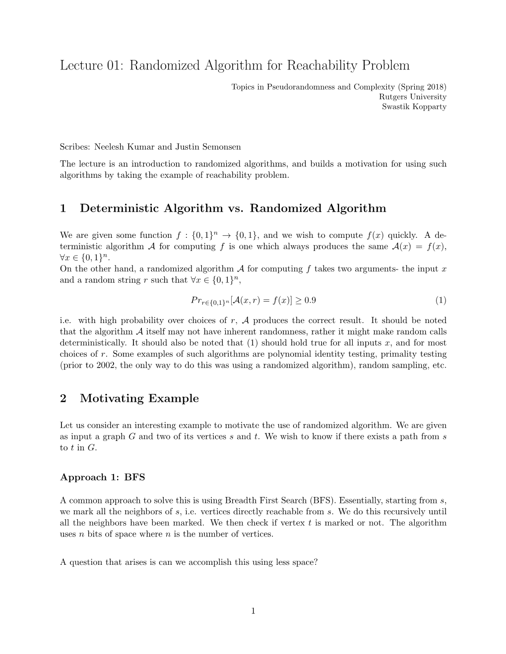 Lecture 01: Randomized Algorithm for Reachability Problem