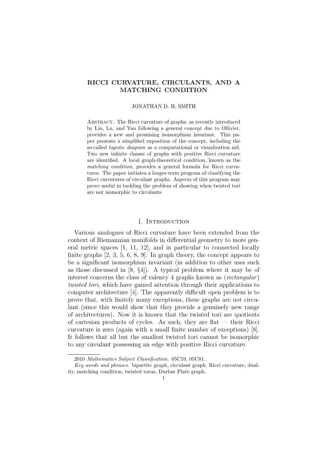 Ricci Curvature, Circulants, and a Matching Condition 1