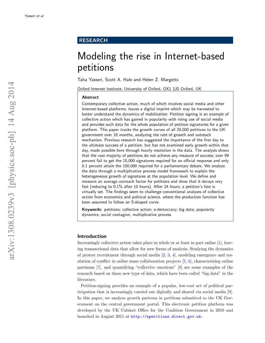 Modeling the Rise in Internet-Based Petitions Taha Yasseri, Scott A
