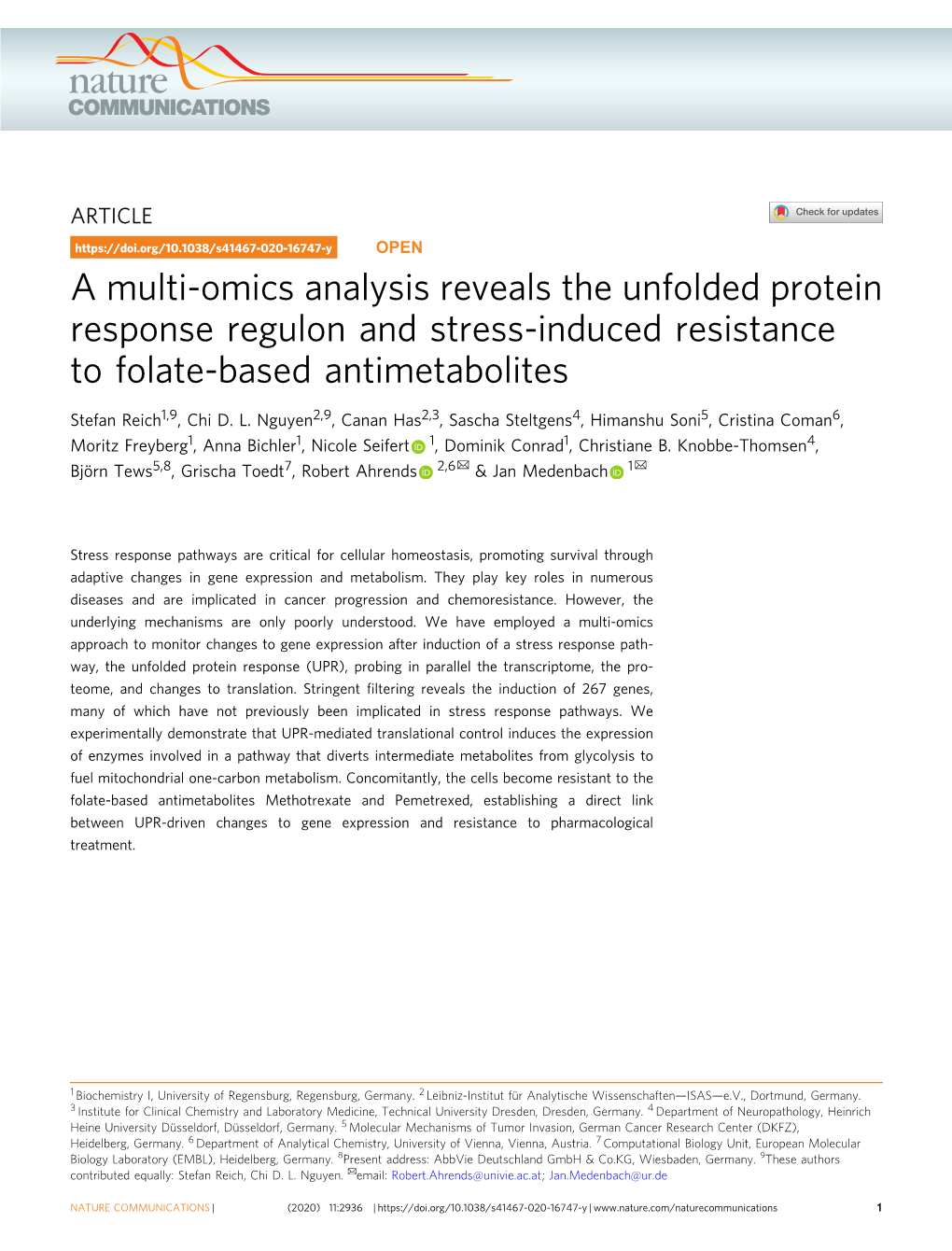 A Multi-Omics Analysis Reveals the Unfolded Protein Response Regulon and Stress-Induced Resistance to Folate-Based Antimetabolites