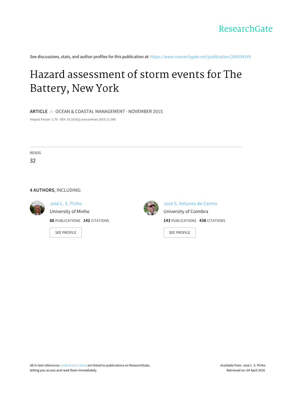 Hazard Assessment of Storm Events for the Battery, New York