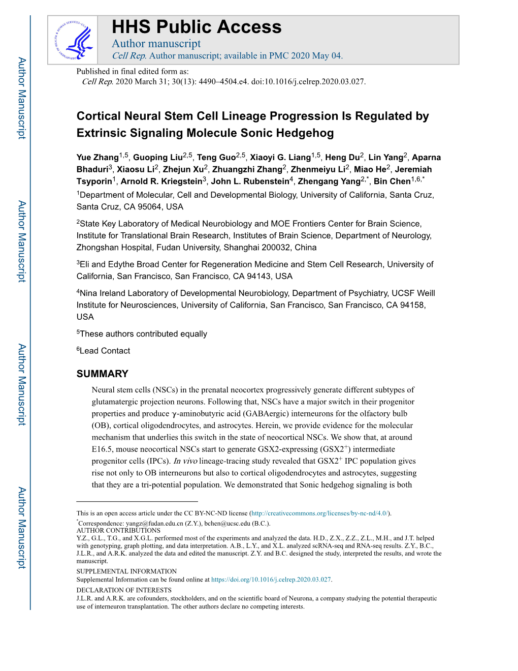 Cortical Neural Stem Cell Lineage Progression Is Regulated by Extrinsic Signaling Molecule Sonic Hedgehog