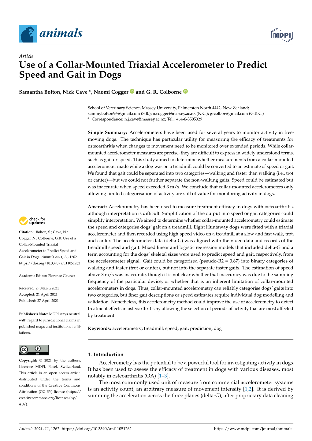 Use of a Collar-Mounted Triaxial Accelerometer to Predict Speed and Gait in Dogs