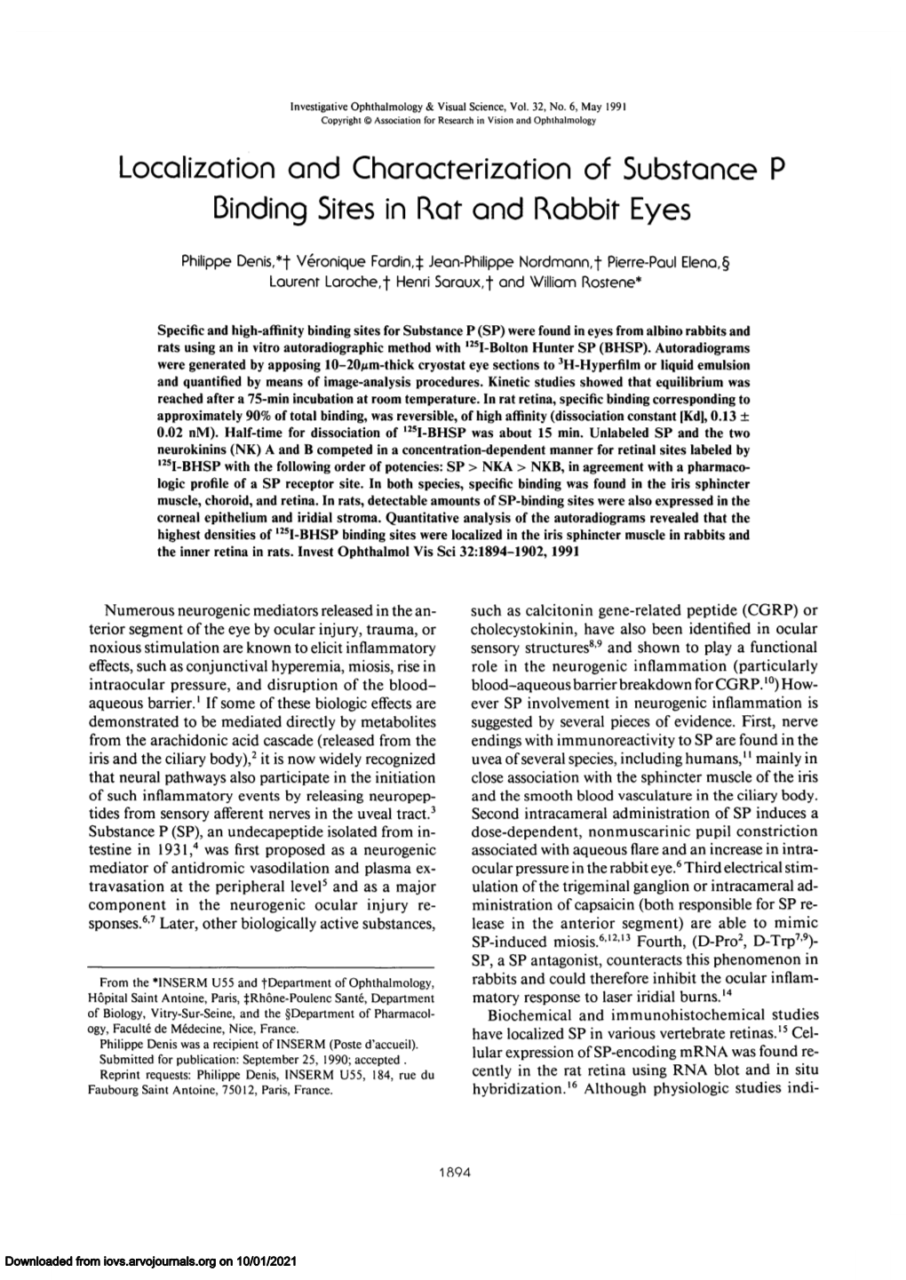 Localization and Characterization of Substance P Binding Sites in Rat and Rabbit Eyes