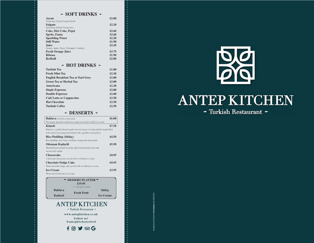 Antep Kitchen Main Menu