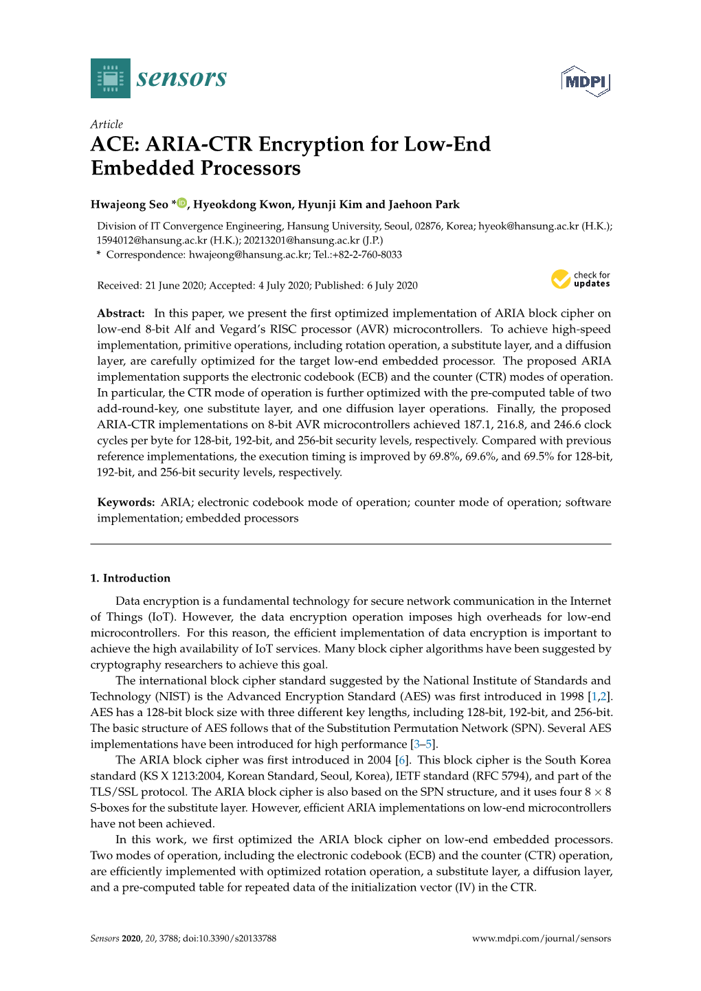 ARIA-CTR Encryption for Low-End Embedded Processors