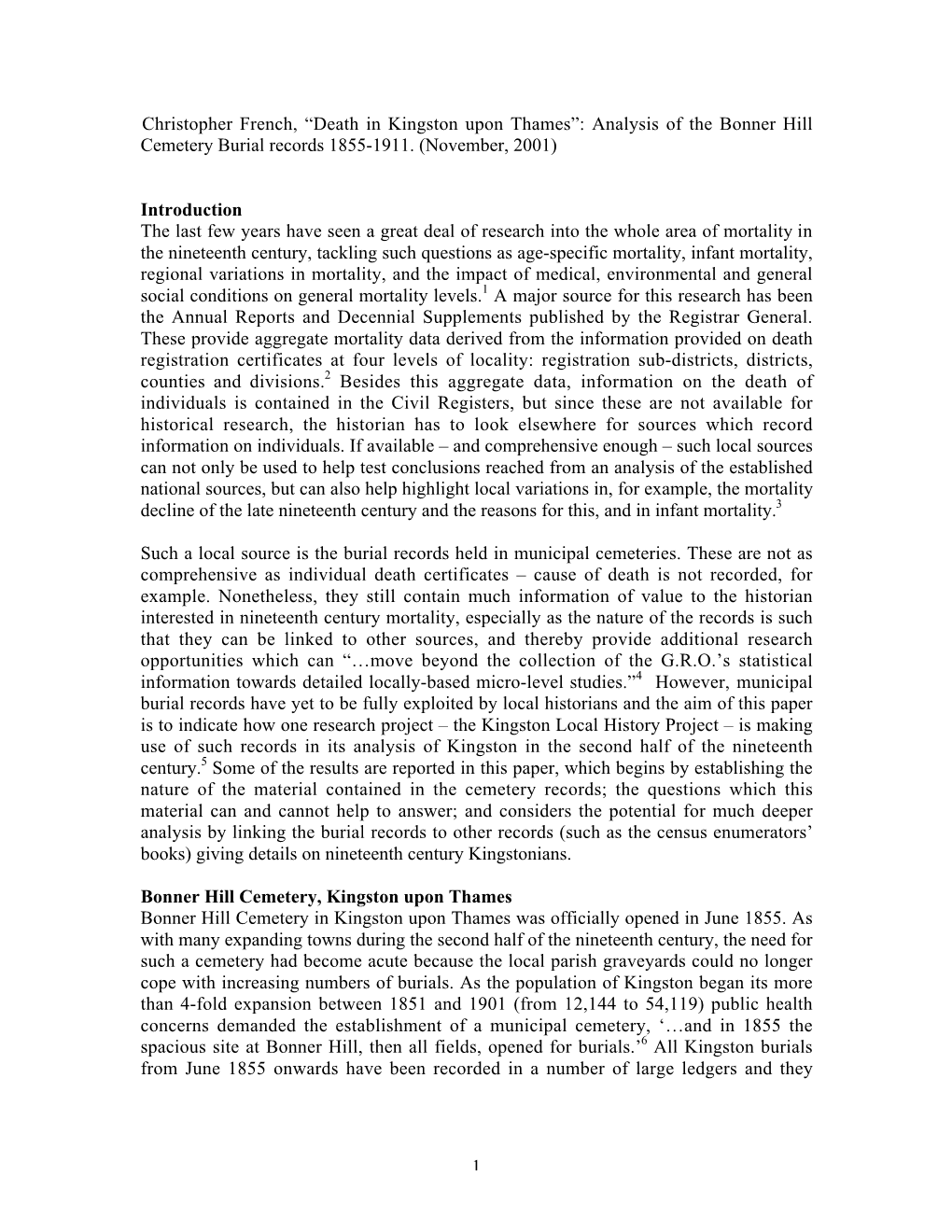 Death in Kingston Upon Thames”: Analysis of the Bonner Hill Cemetery Burial Records 1855-1911