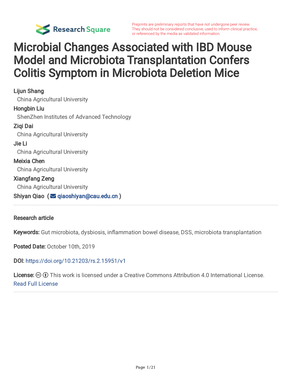 Microbial Changes Associated with IBD Mouse Model and Microbiota Transplantation Confers Colitis Symptom in Microbiota Deletion Mice