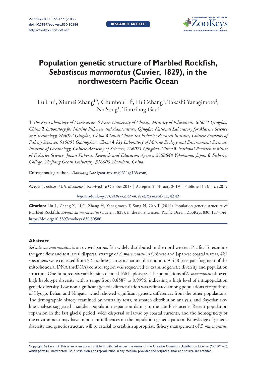 Population Genetic Structure of Marbled Rockfish, Sebastiscus Marmoratus (Cuvier, 1829), in the Northwestern Pacific Ocean