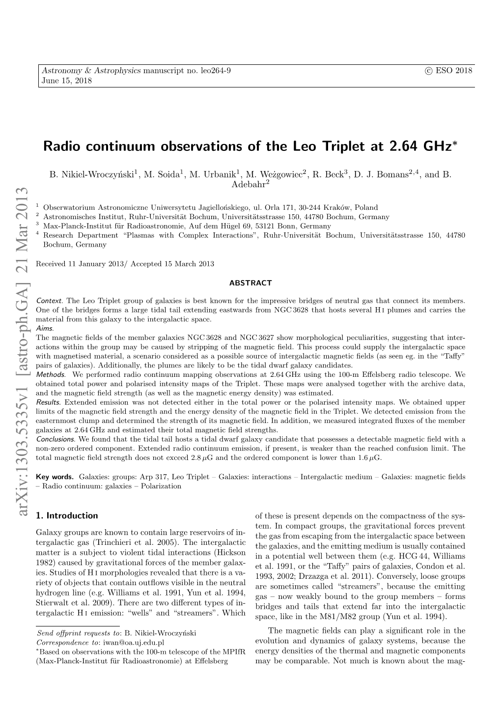 Radio Continuum Observations of the Leo Triplet at 2.64