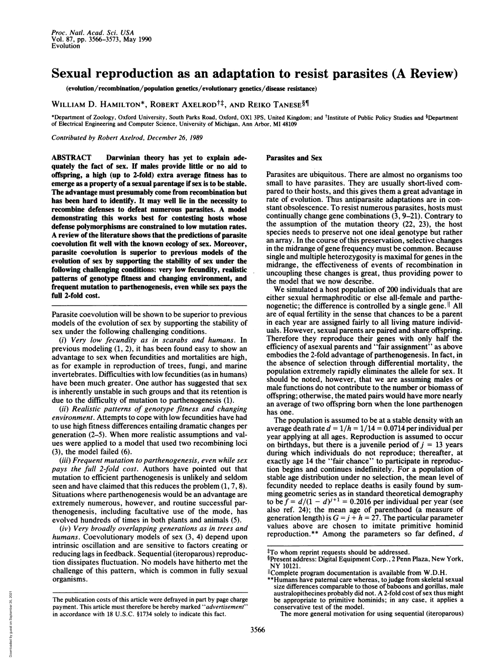 Sexual Reproduction As an Adaptation to Resist Parasites (A Review) (Evolution/Recombination/Population Genetics/Evolutionary Genetics/Disease Resistance) WILLIAM D