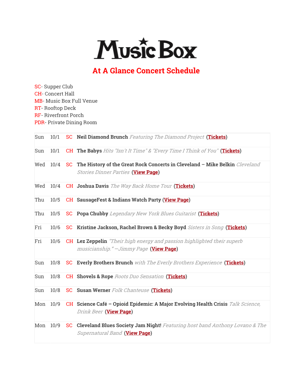 At a Glance Concert Schedule