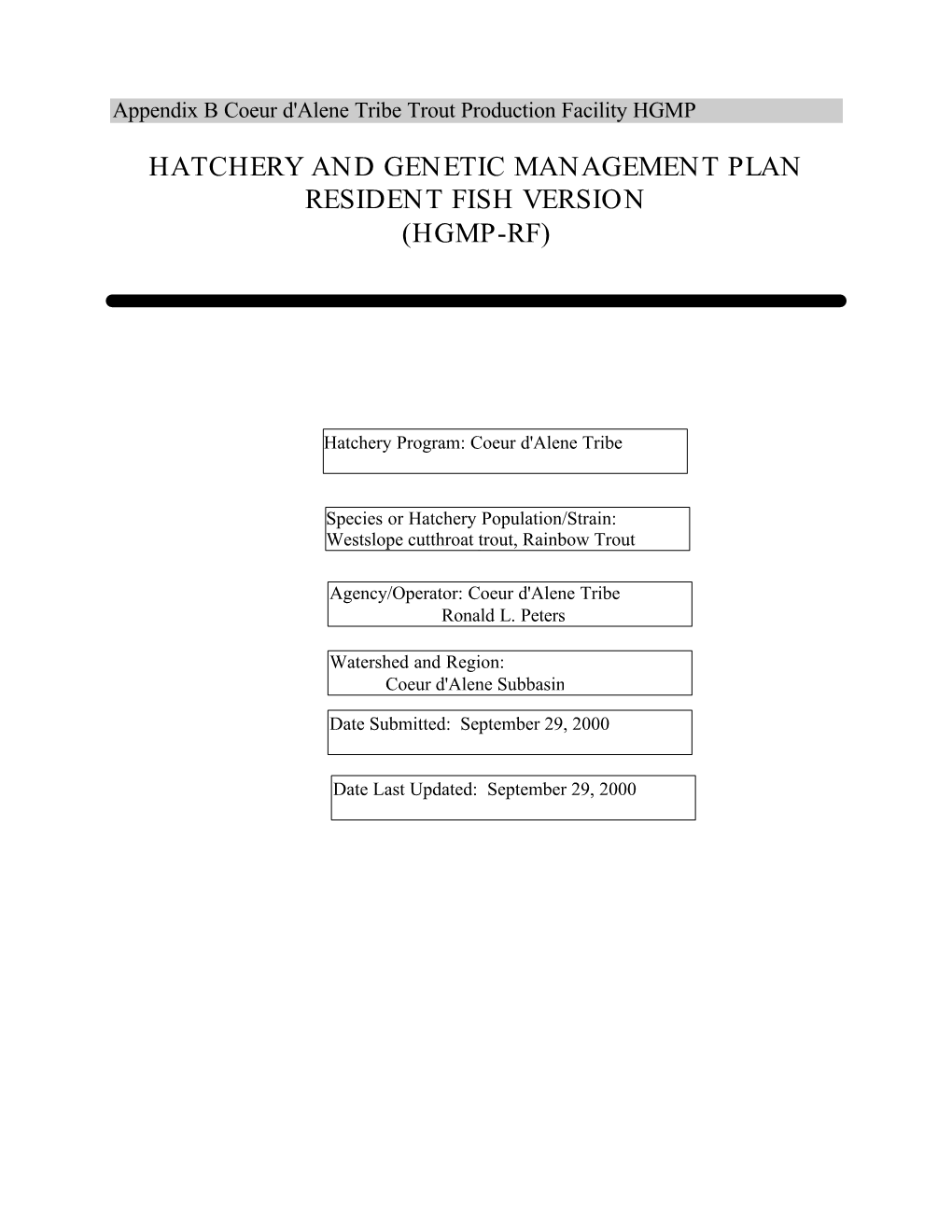 Appendix B Coeur D'alene Tribe Trout Production Facility HGMP