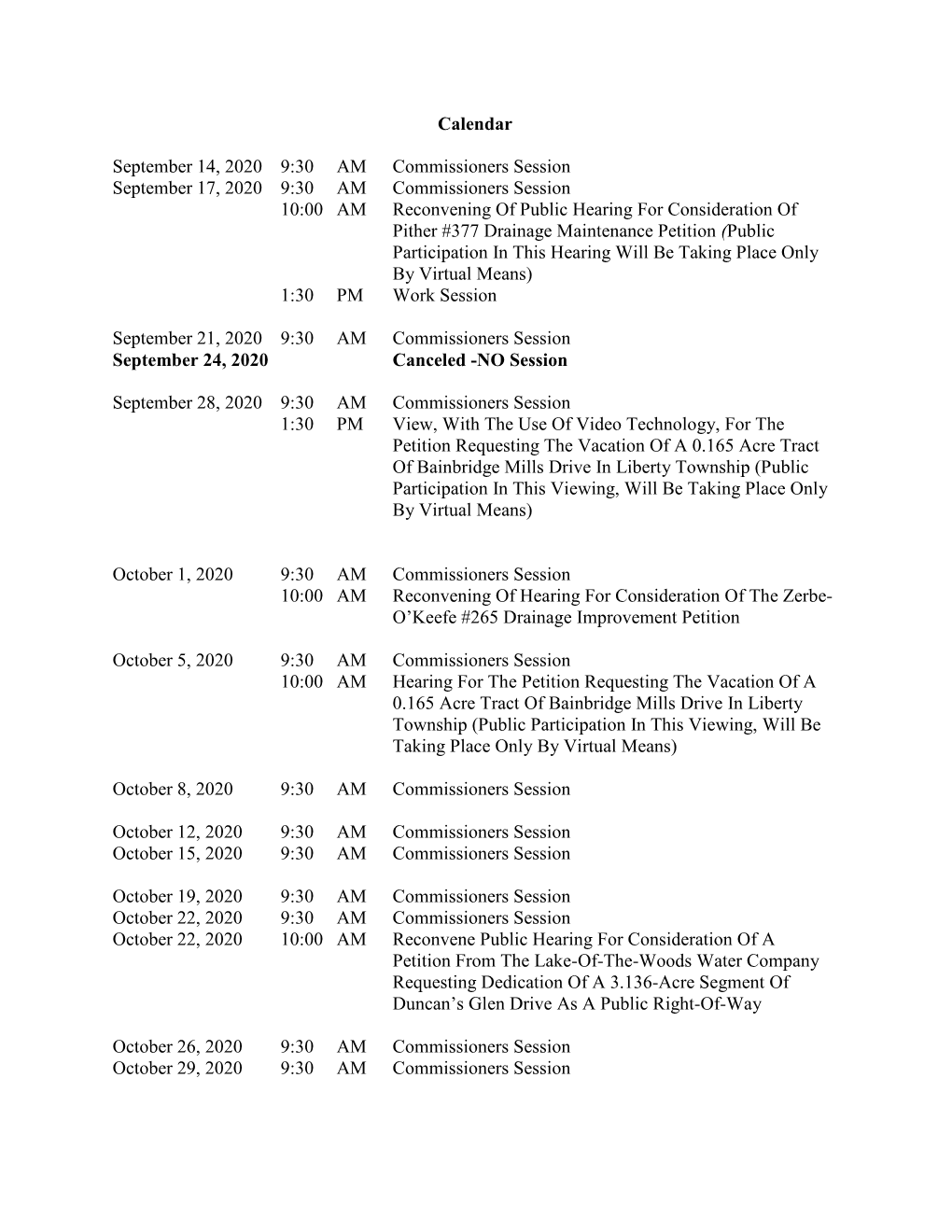 Calendar September 14, 2020 9:30 AM Commissioners Session