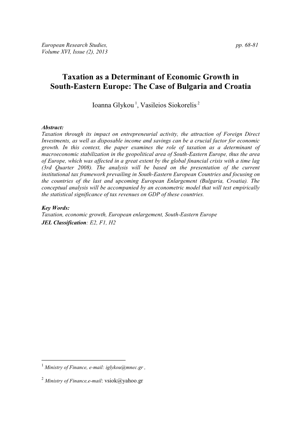 Taxation As a Determinant of Economic Growth in South-Eastern Europe: the Case of Bulgaria and Croatia