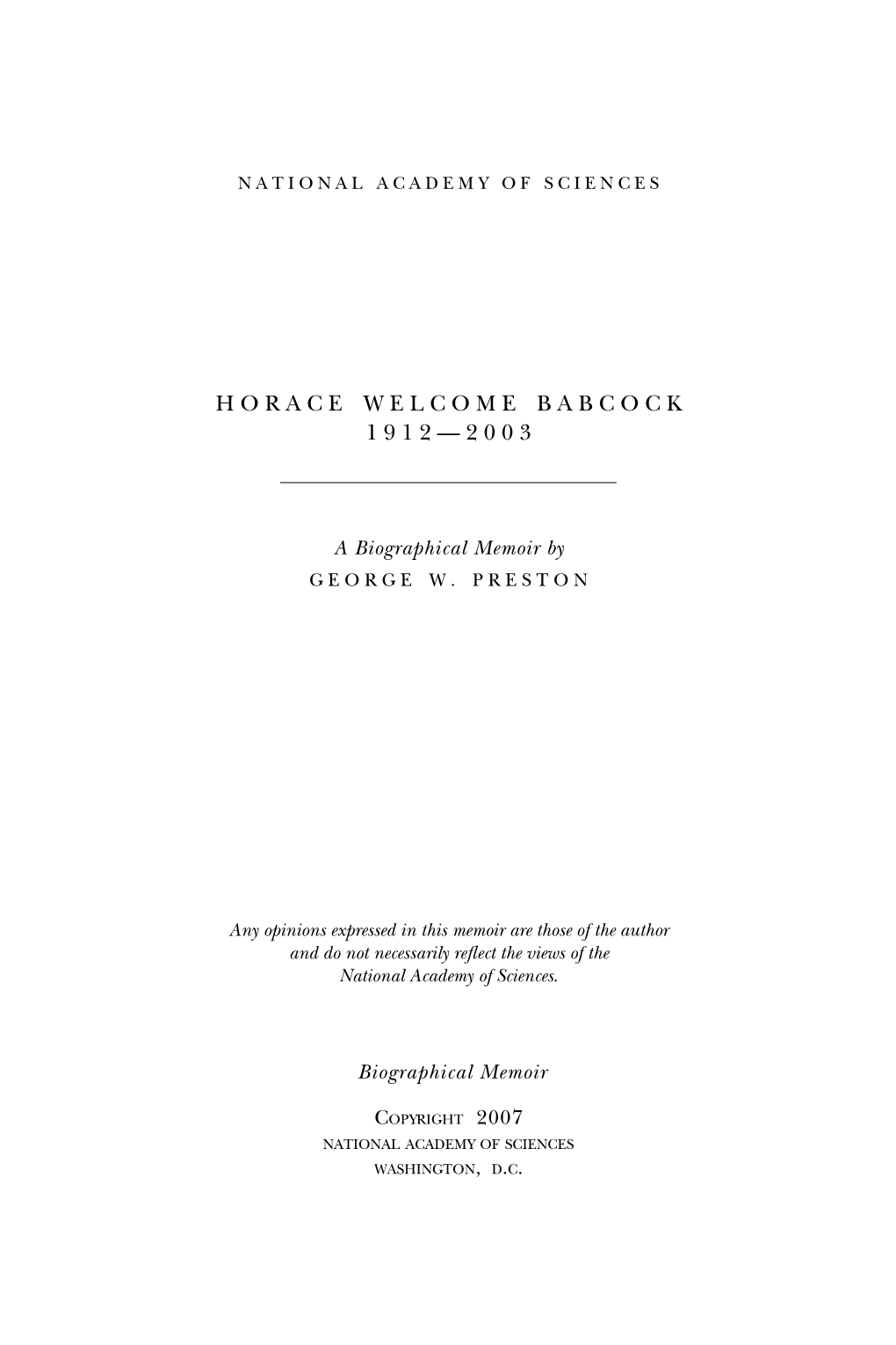 Biography of Horace Welcome Babcock