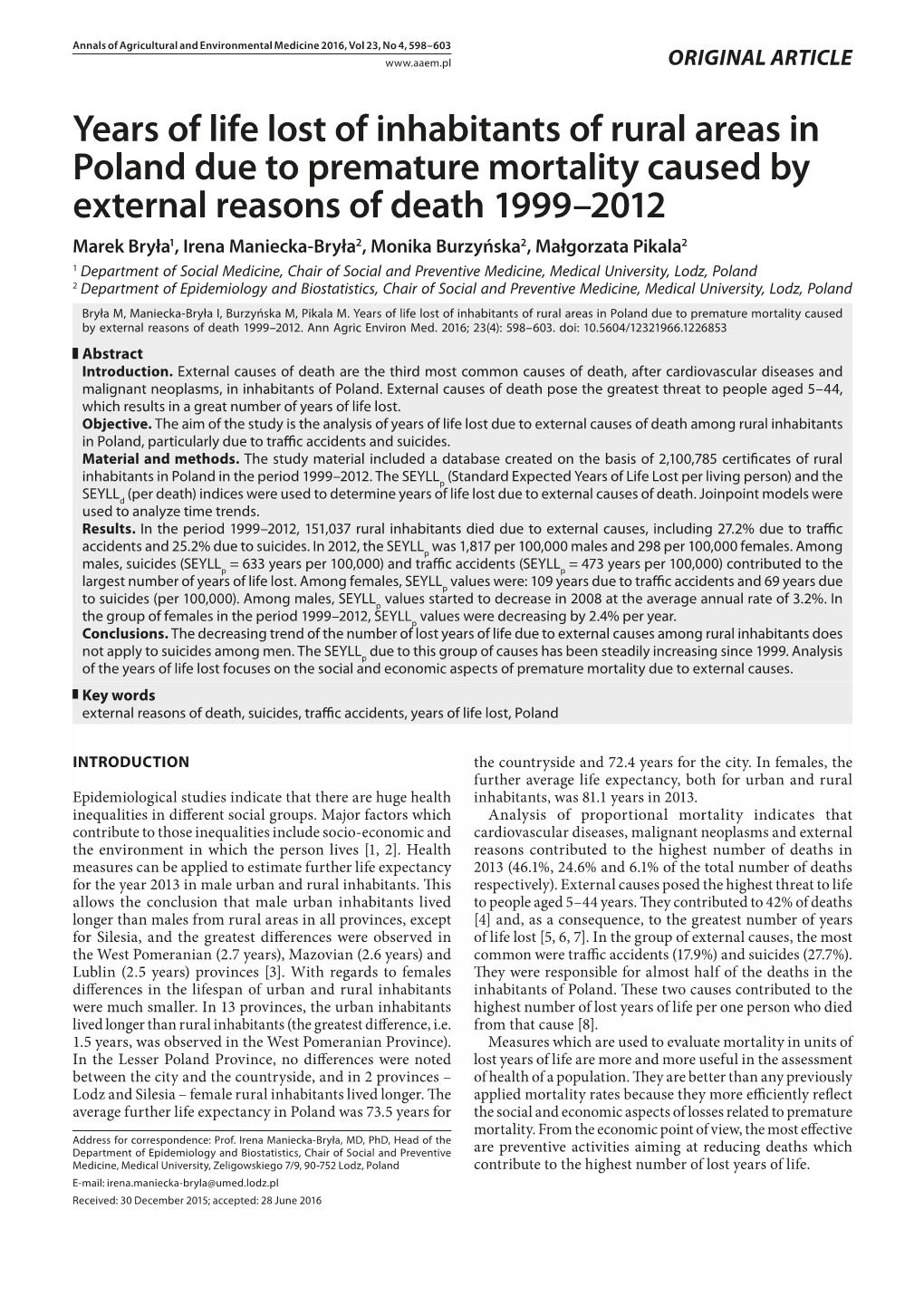 Years of Life Lost of Inhabitants of Rural Areas in Poland Due to Premature Mortality Caused by External Reasons of Death 1999–2012