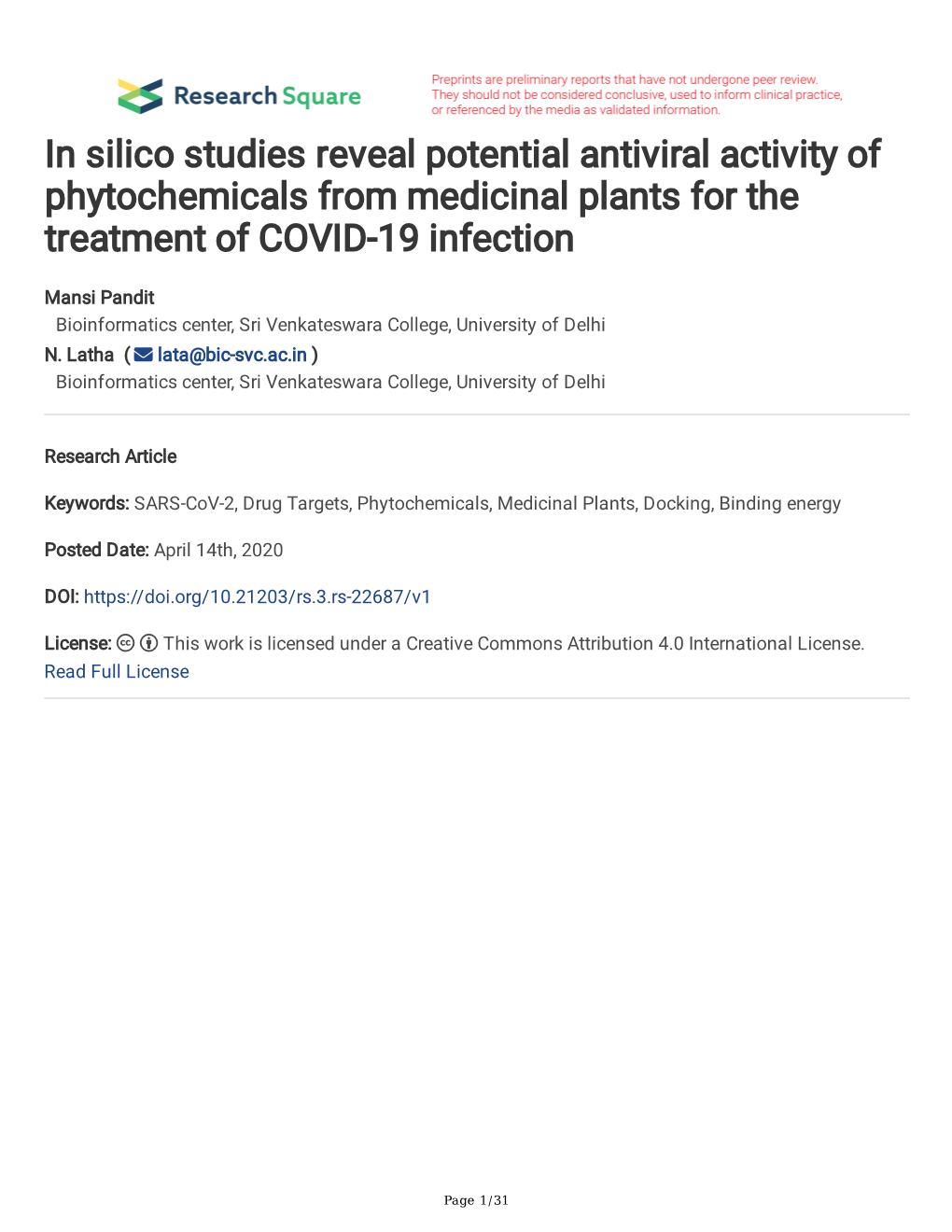 In Silico Studies Reveal Potential Antiviral Activity of Phytochemicals from Medicinal Plants for the Treatment of COVID-19 Infection