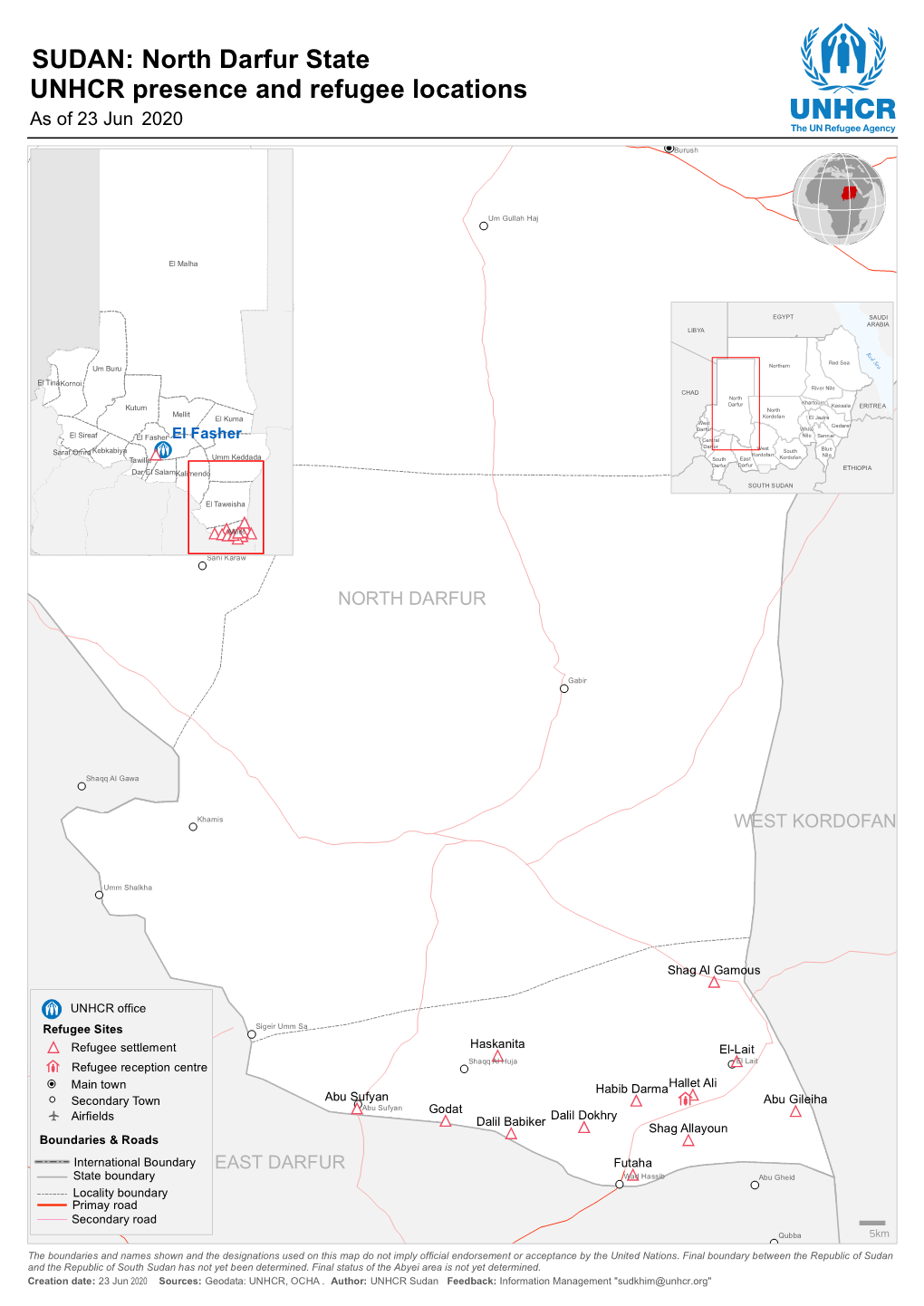 North Darfur State UNHCR Presence and Refugee Locations As of 23 Jun 2020