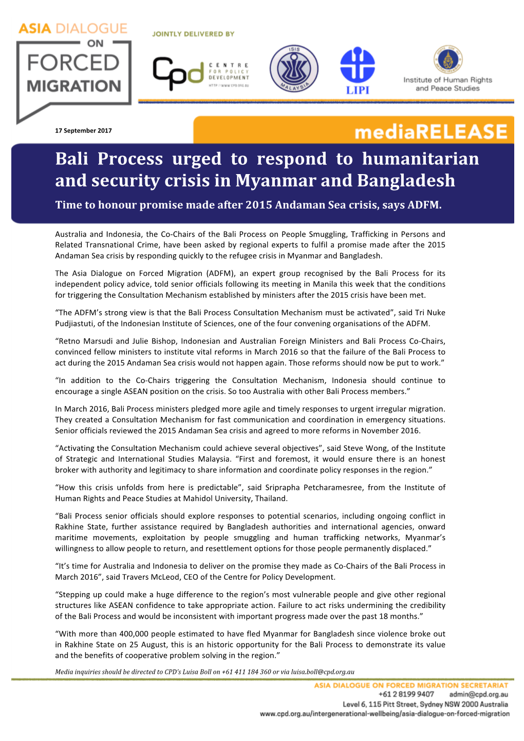 Bali Process Urged to Respond to Humanitarian and Security Crisis in Myanmar and Bangladesh