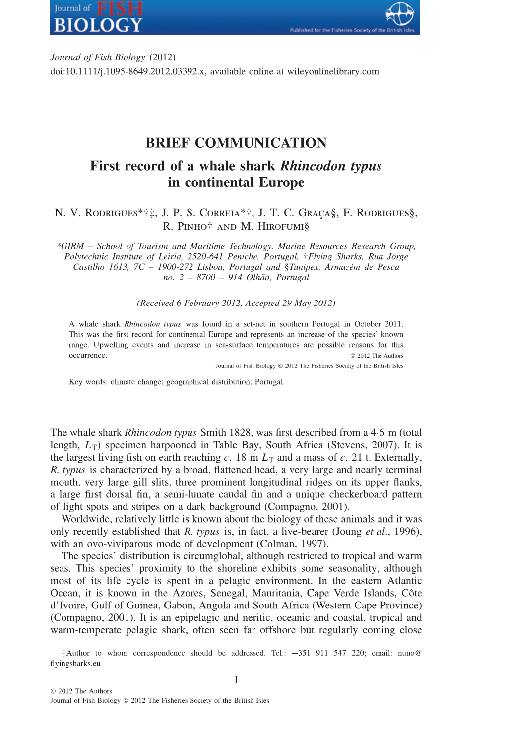 First Record of a Whale Shark Rhincodon Typus in Continental Europe