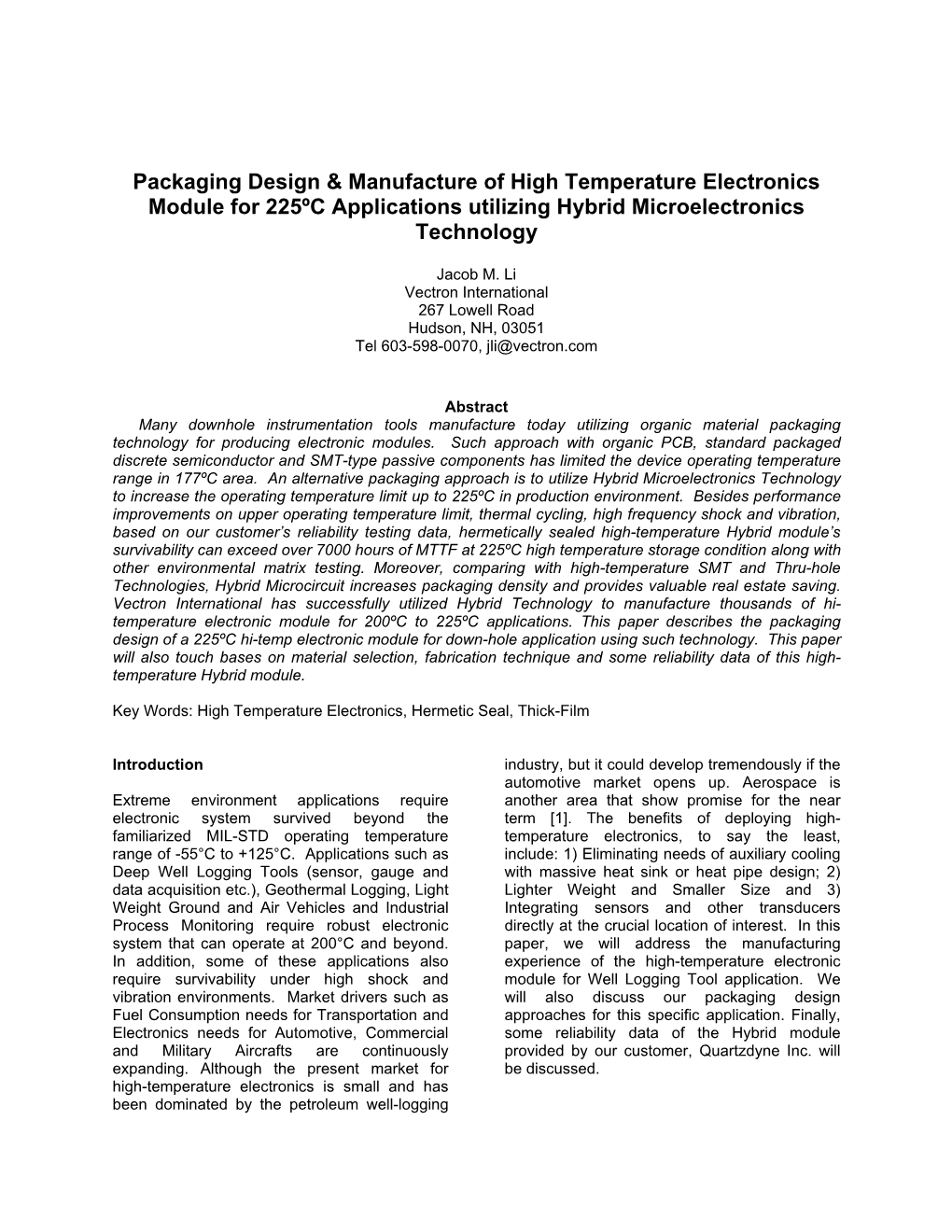 Packaging Design & Manufacture of High Temperature Electronics