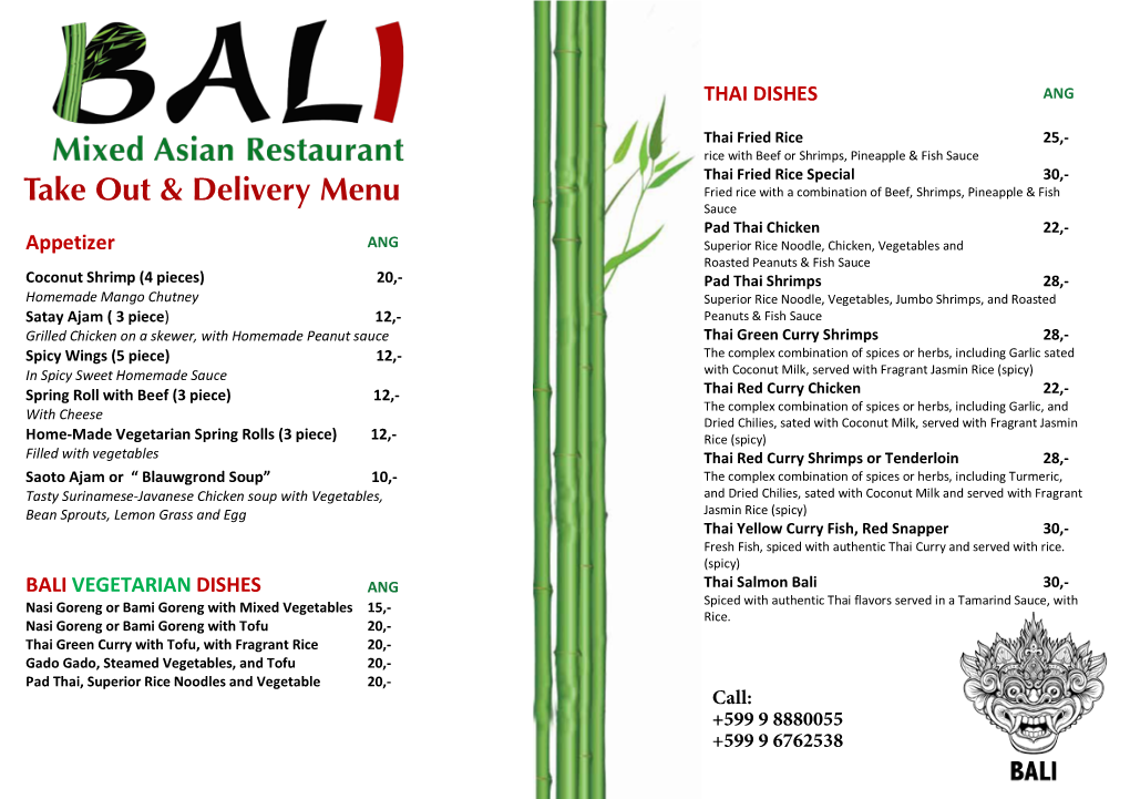 Take out & Delivery Menu