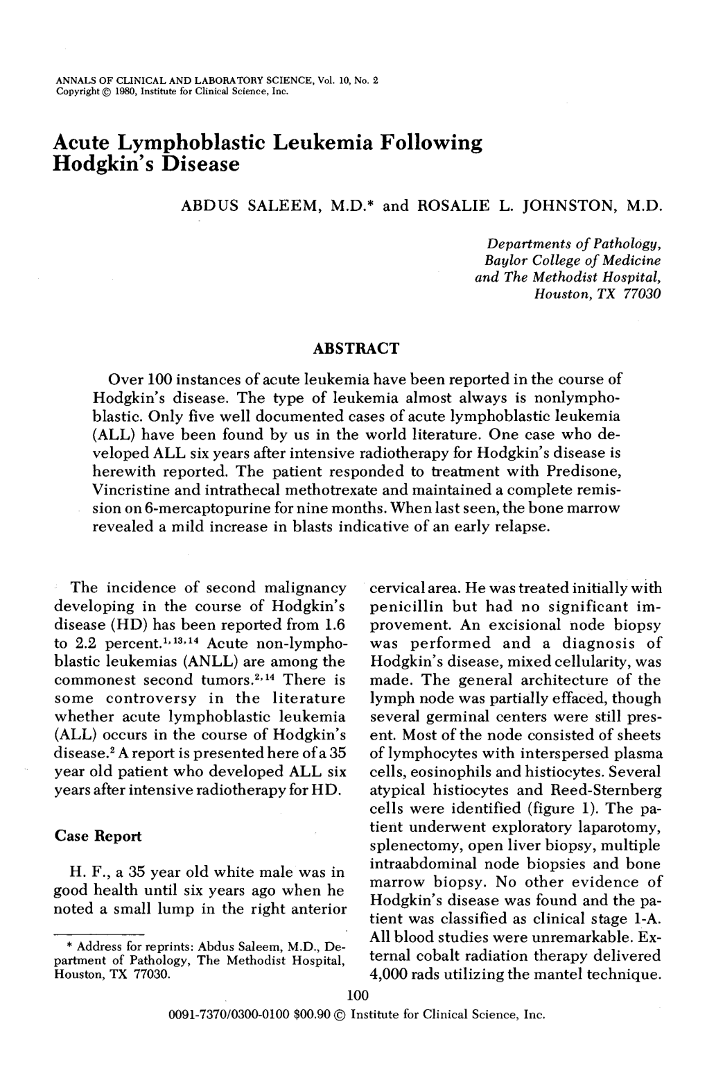 Acute Lymphoblastic Leukemia Following Hodgkin's Disease