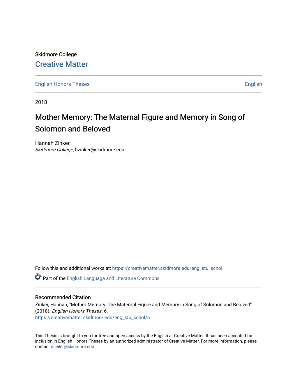 The Maternal Figure and Memory in Song of Solomon and Beloved