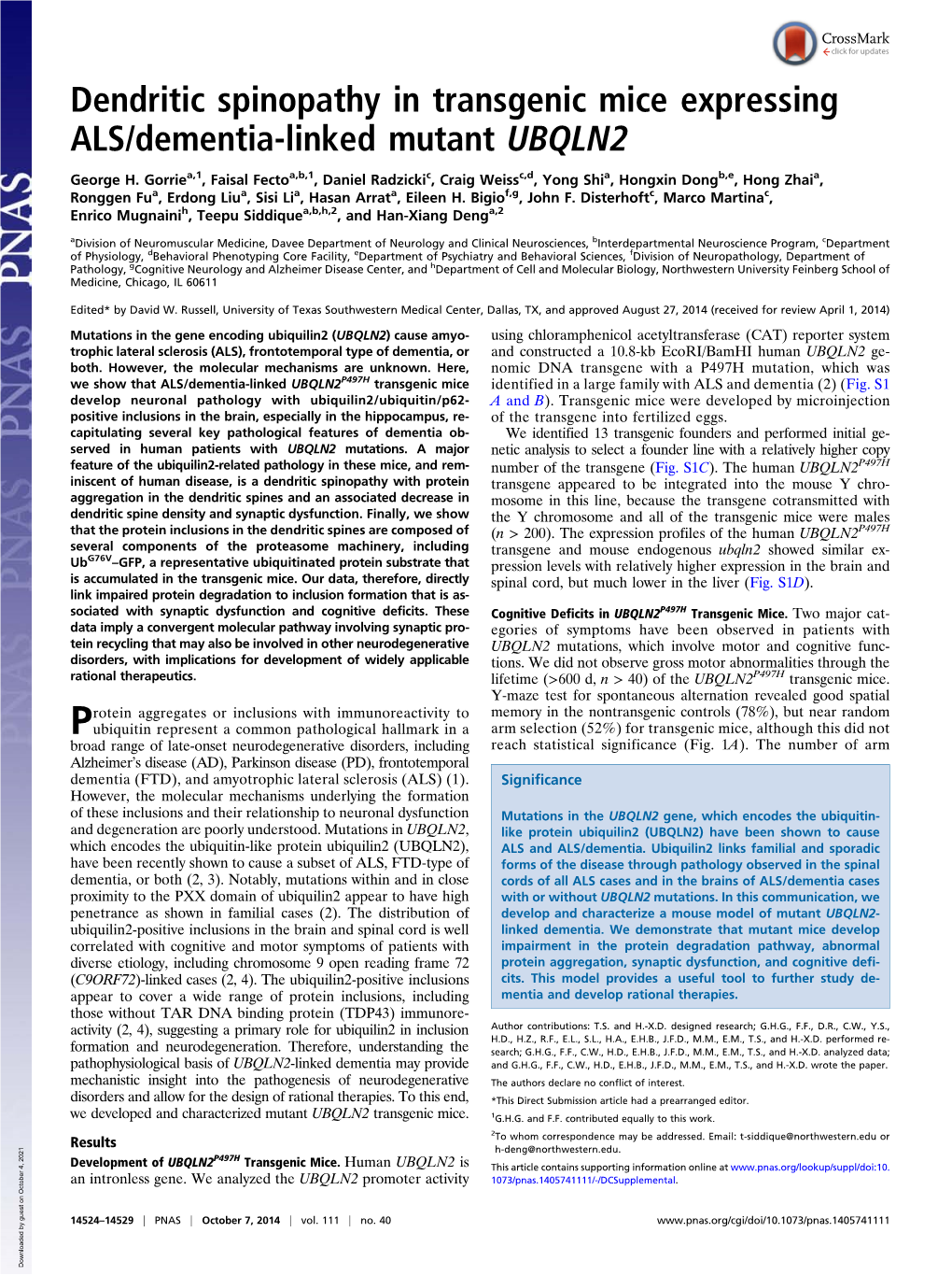 Dendritic Spinopathy in Transgenic Mice Expressing ALS/Dementia-Linked Mutant UBQLN2