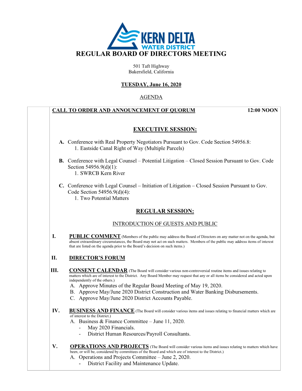 June 16, 2020 Board Agenda