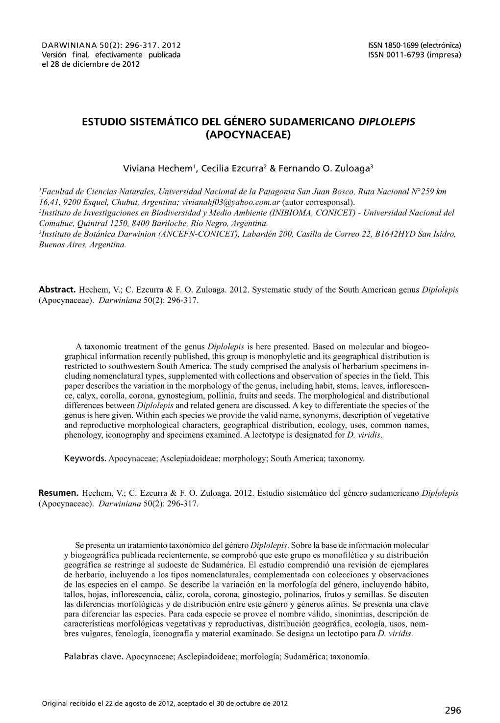Estudio Sistemático Del Género Sudamericano Diplolepis (Apocynaceae)