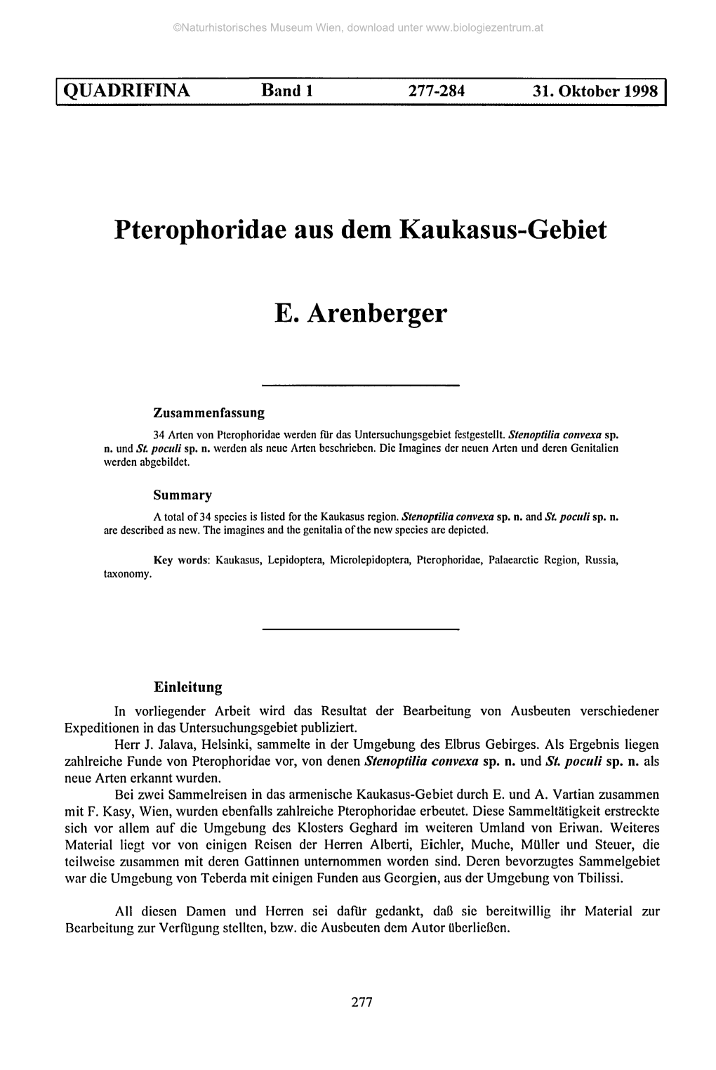 Pterophoridae Aus Dem Kaukasus-Gebiet E. Arenberger