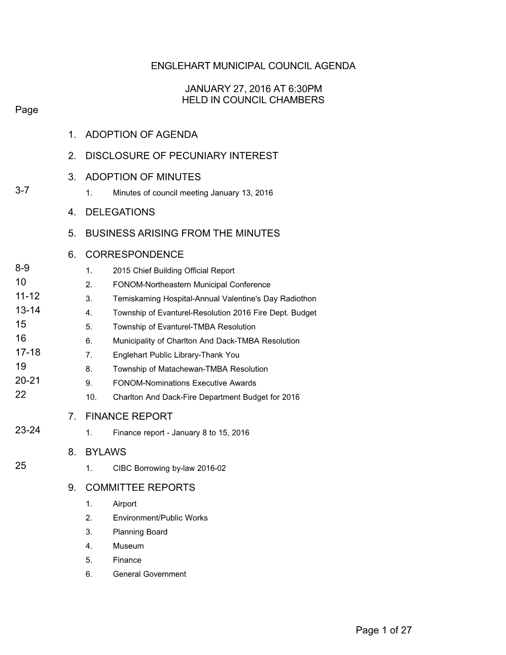 ENGLEHART MUNICIPAL COUNCIL AGENDA JANUARY 27, 2016 at 6:30PM Page