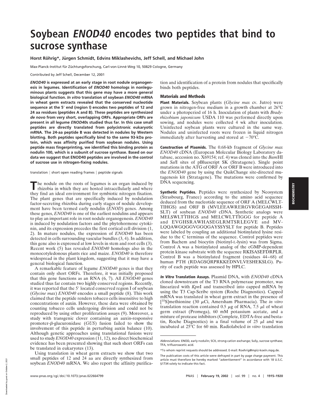 Soybean ENOD40 Encodes Two Peptides That Bind to Sucrose Synthase